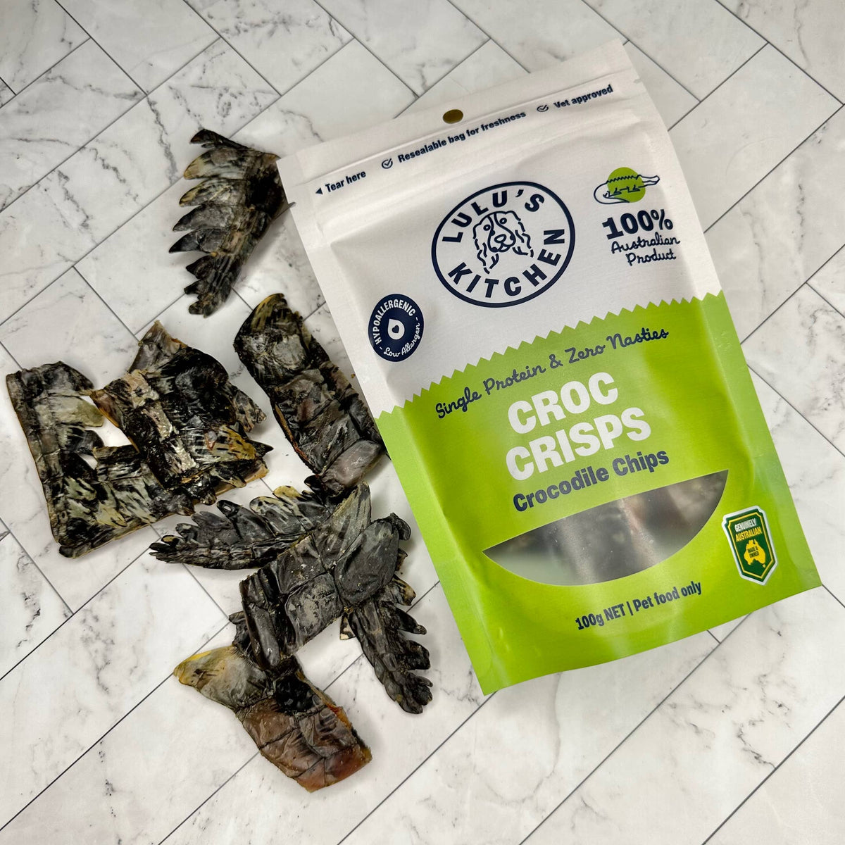 Nyhet! Krokodilchips 100 g – Naturligt hundgodis av 100 % krokodil