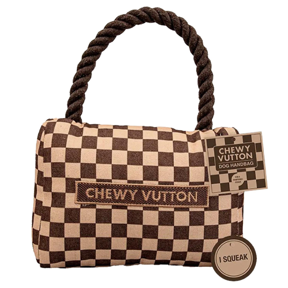 Chewy Vuitton Designerväska för Hund – Mjuk Plyschleksak med Pip