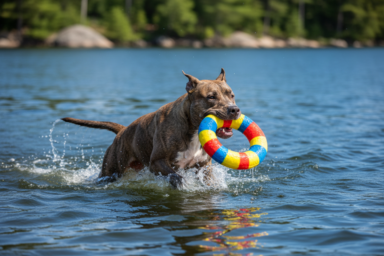 bild på en slank och musklad american pitbullterrier med mycket muskler som simmar och har en stor leksaksring i munnen