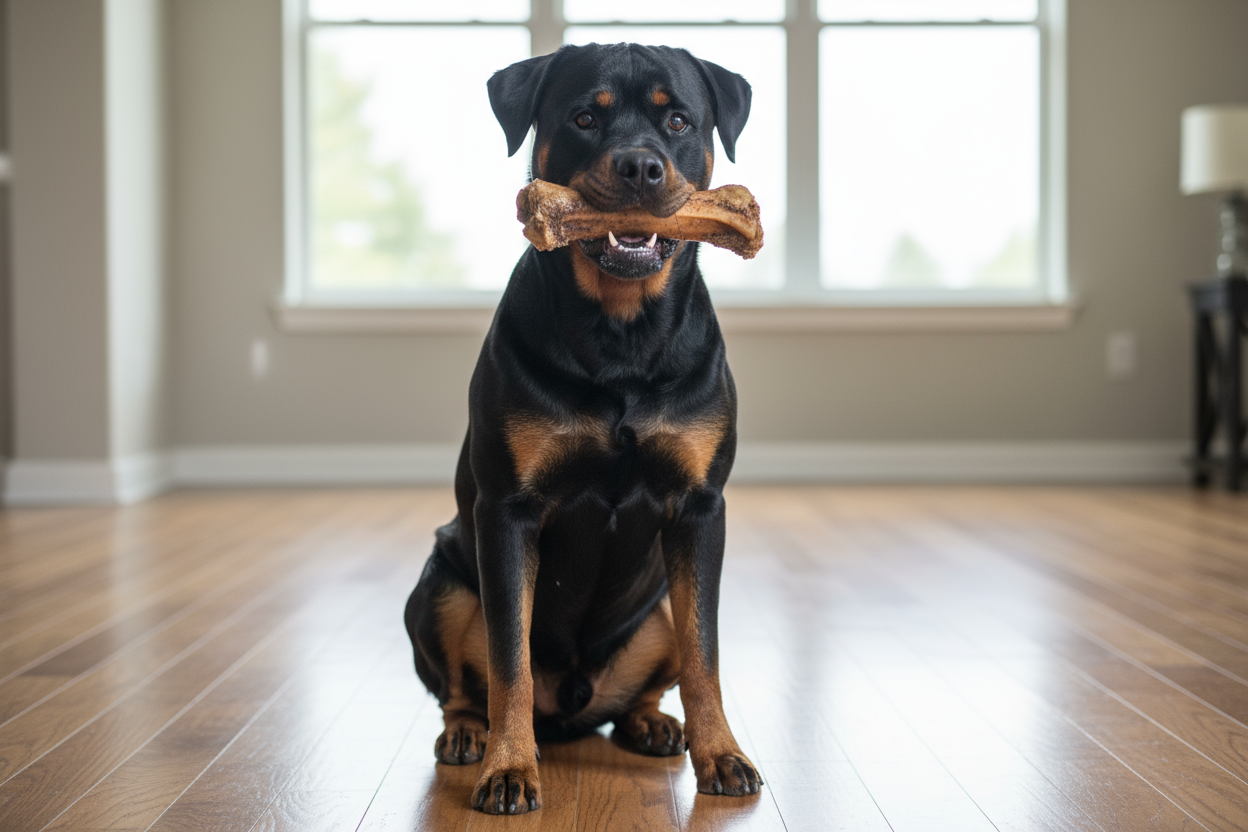 enbild på en rottweiler som sitter fint med ett stort ben i munnen, hunden ska vara slank i god form och ha synliga muskler