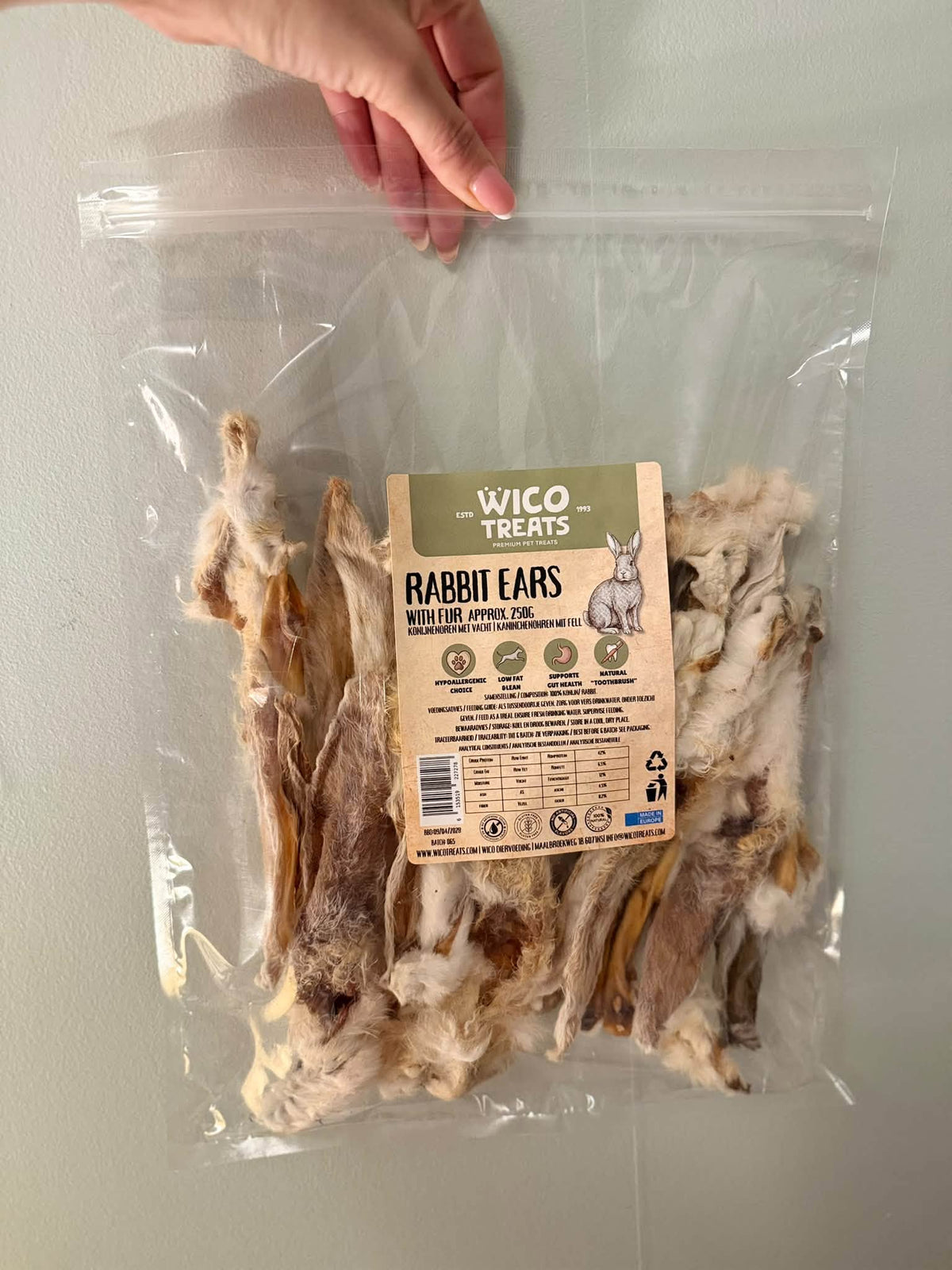 Kaninöron med päls 250 g