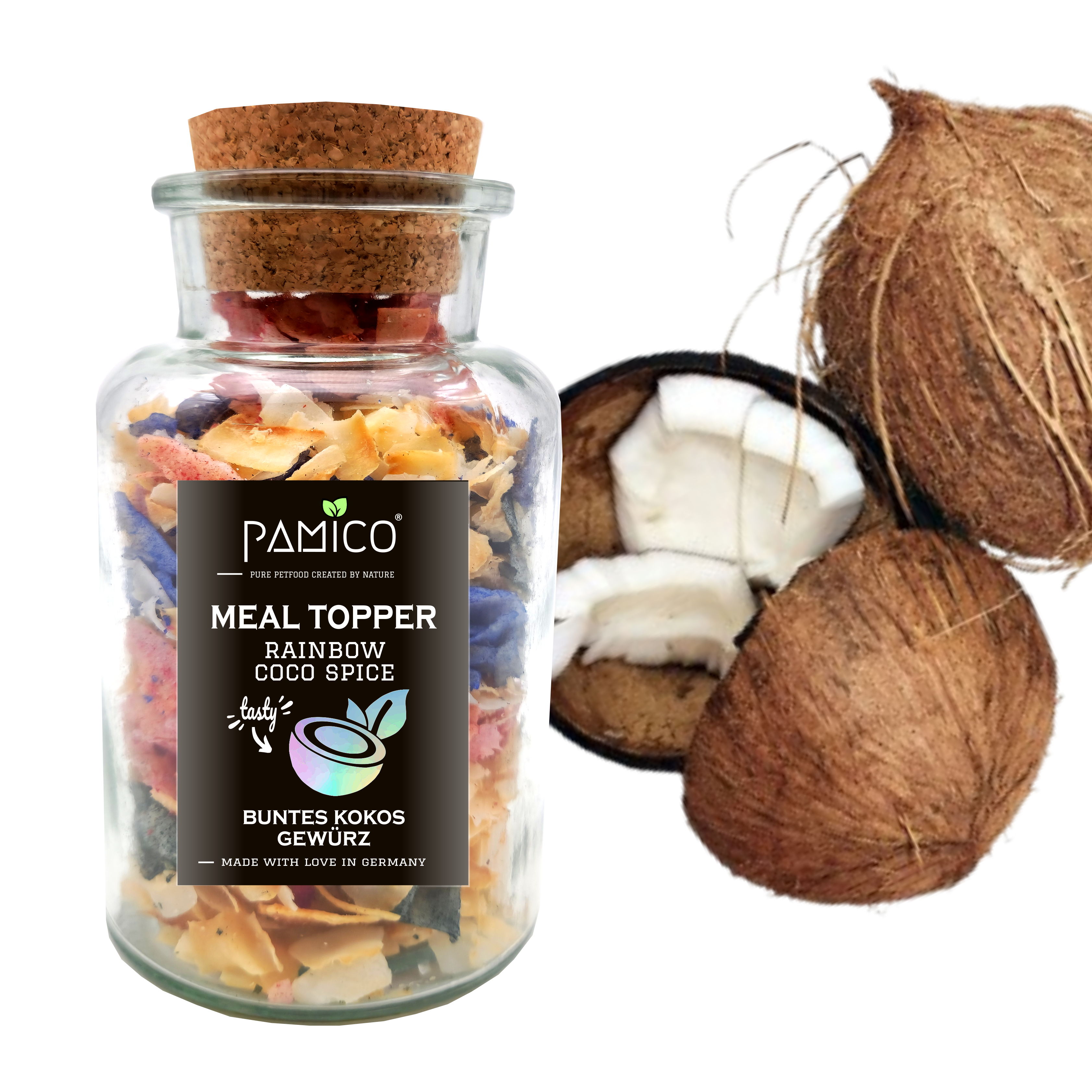 Superfood Rainbow BARF-topping med kokos, spirulina & hallon