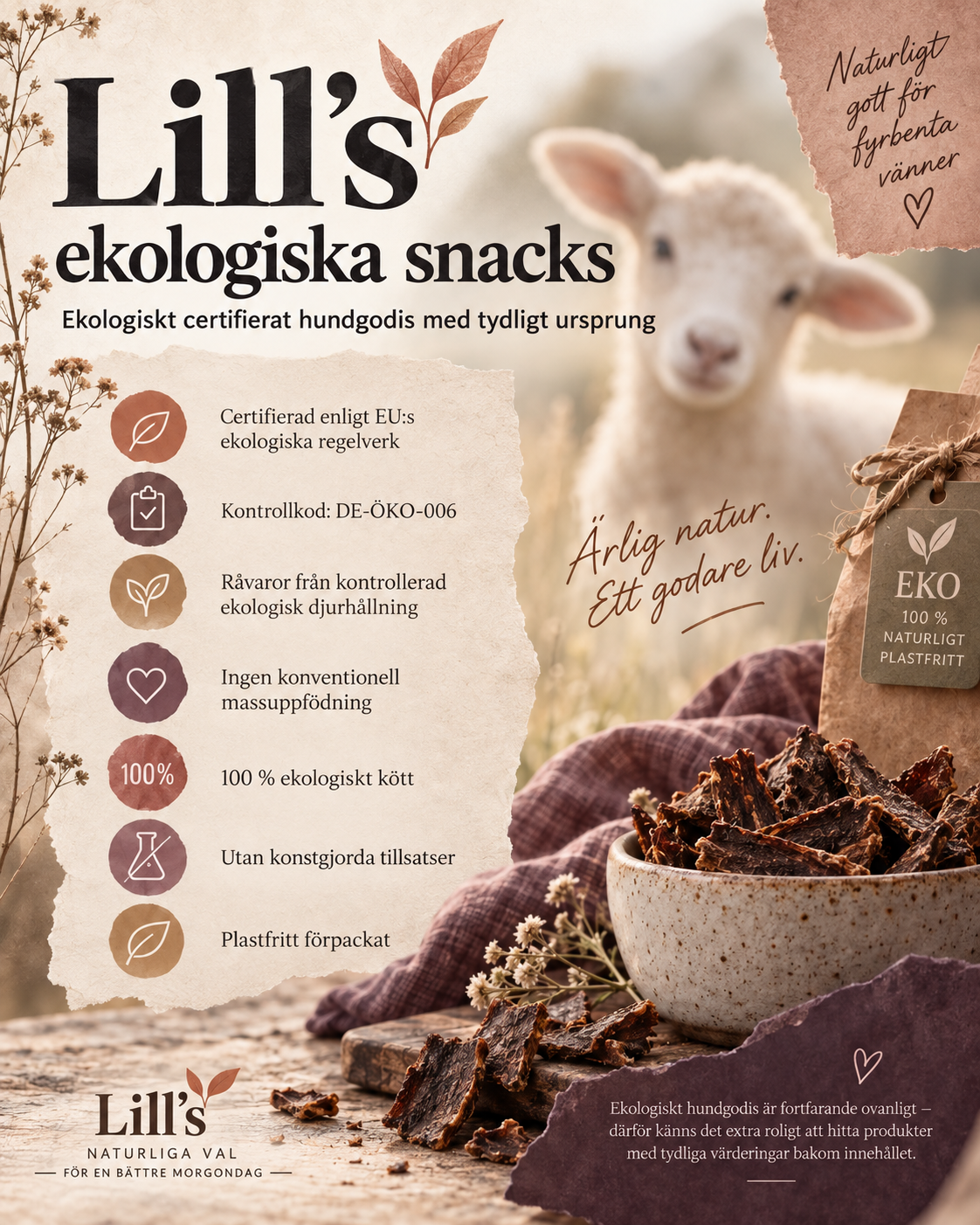 Ekologiska lammstrimlor 150 g – Torkat hundgodis monoprotein NYHET!