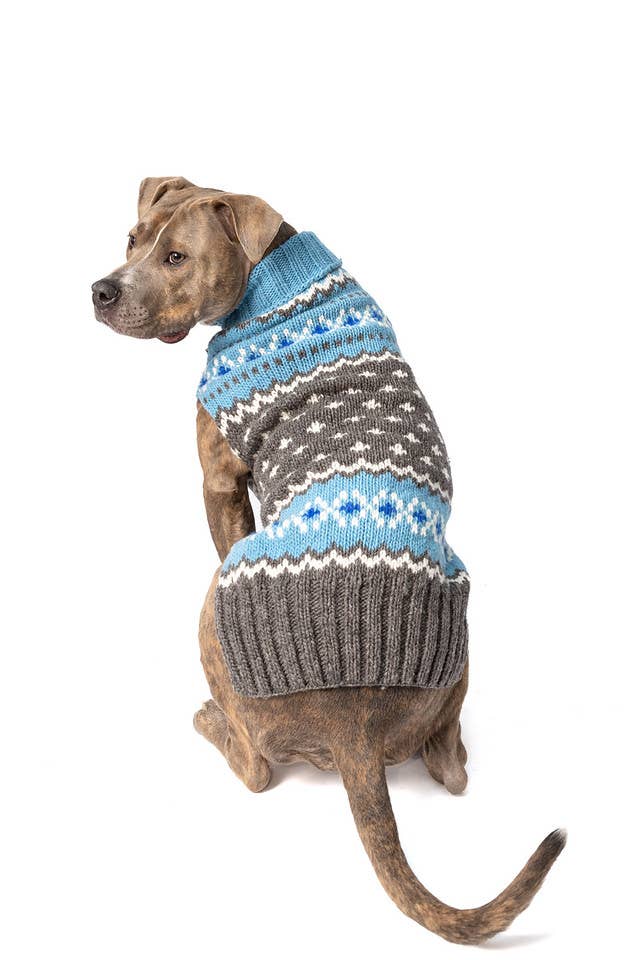 Chilly Dog ljusblå Fair Isle – handstickad hundtröja i XXXL