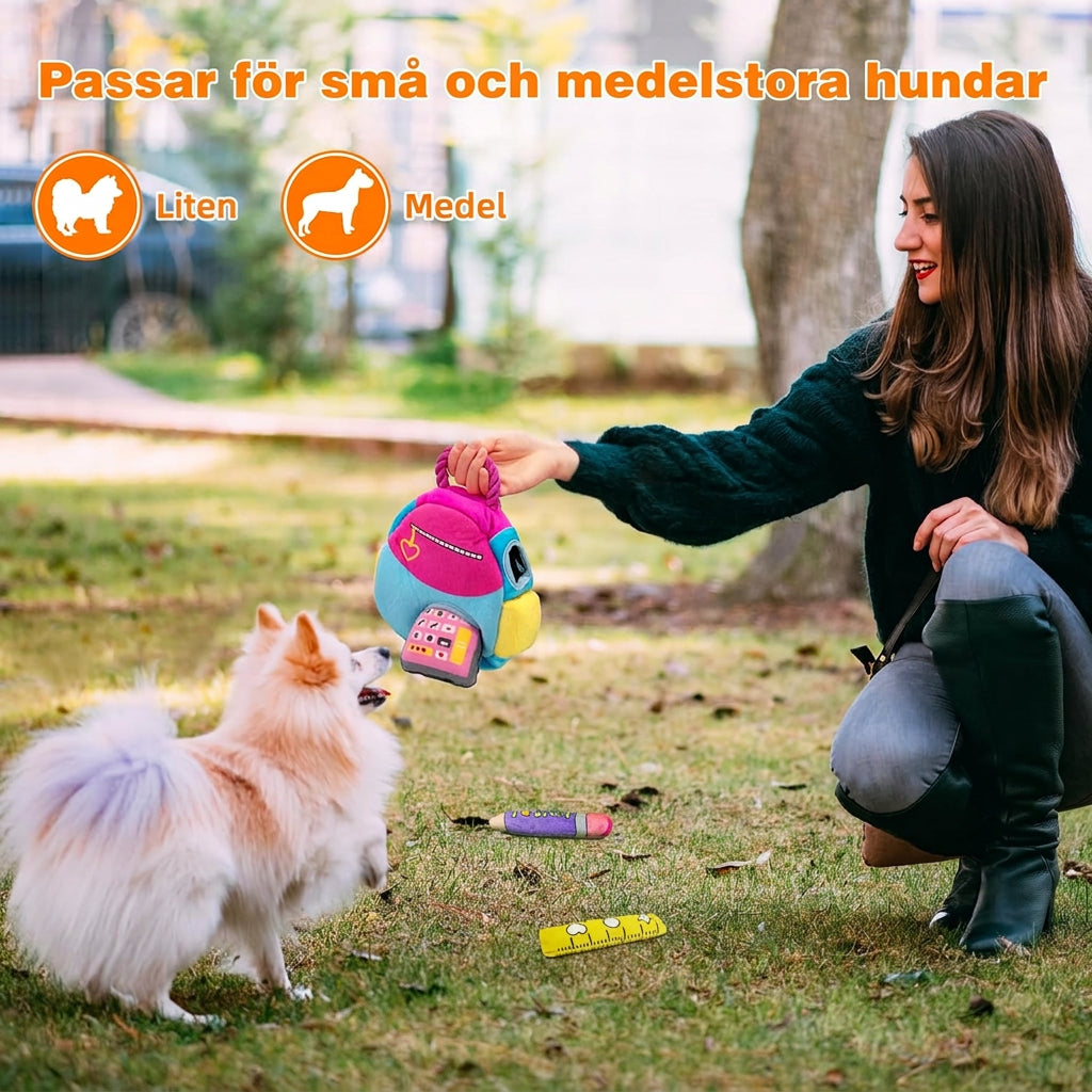 Hundens skolryggsäck – Interaktiv sök- och grävleksak med pip och prassel