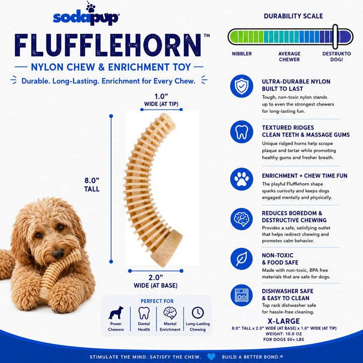Flufflehorn Dental Antler XL – hornformat nylontugg för hund