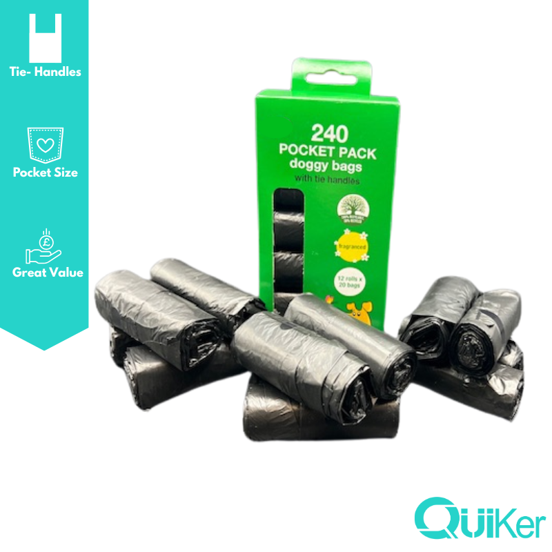 Quiker Pet Products - 240 påsar-12 rullar-svarta fickbajspåsar - 6 lådor +