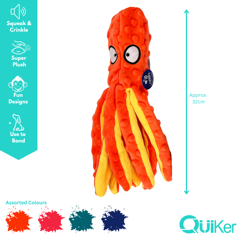 Quiker Pet Products - 32 cm - Ingen stoppning Squeak & Crinkle OctoPals - Hund leksak - 4-pack
