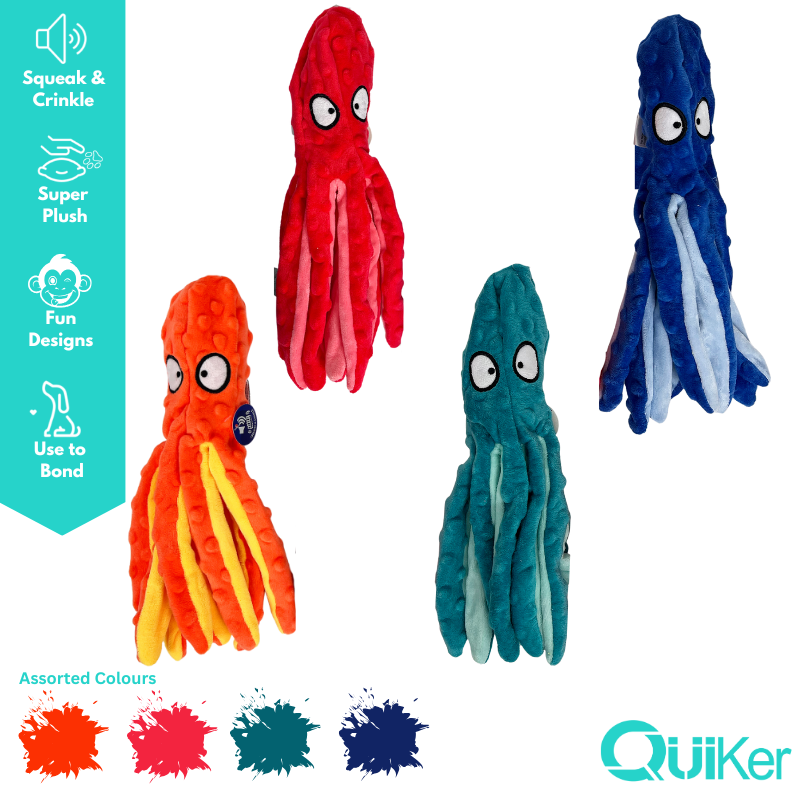 Quiker Pet Products - 32 cm - Ingen stoppning Squeak & Crinkle OctoPals - Hund leksak - 4-pack
